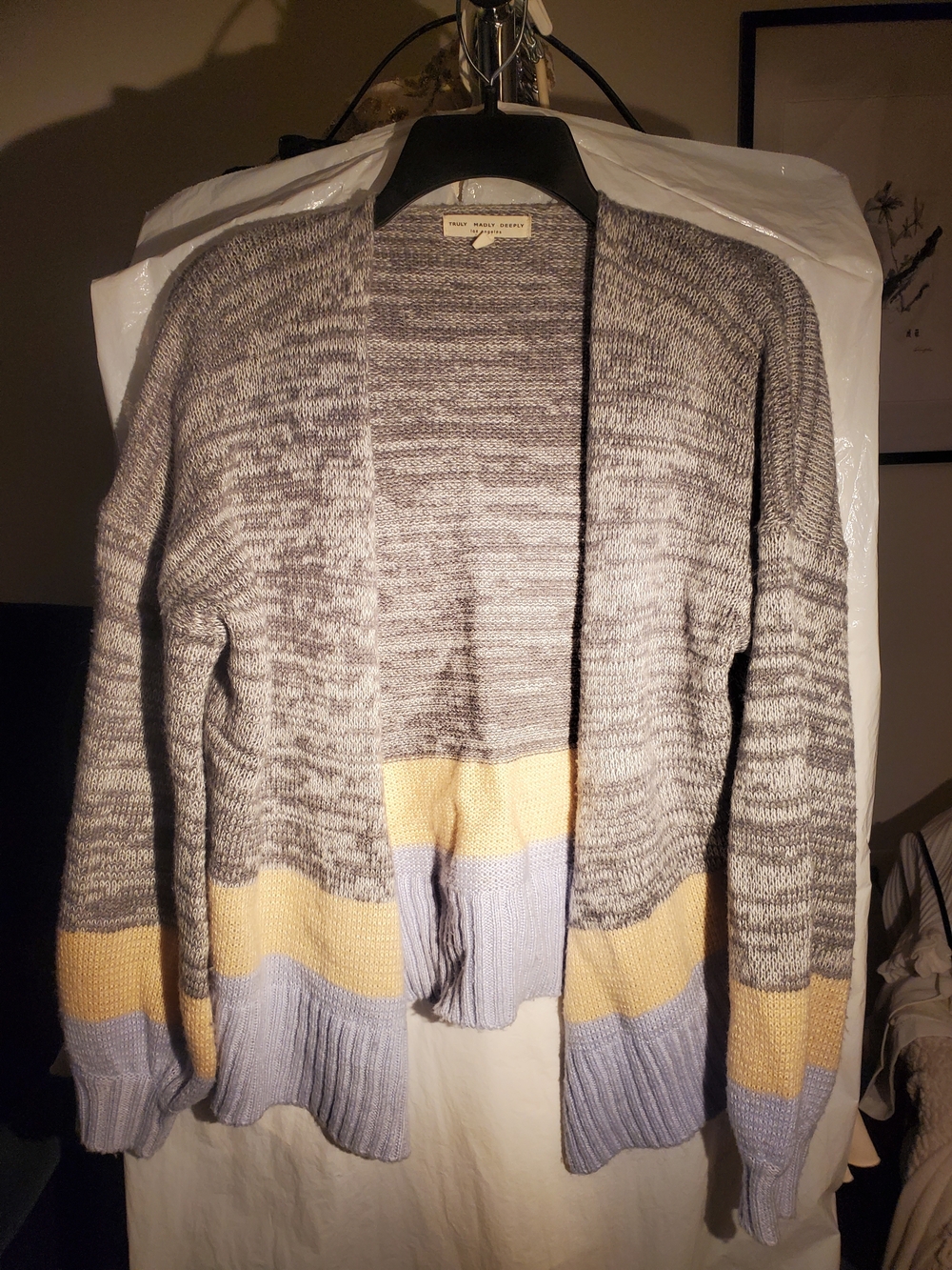 OU Truly Madly Deeply Open-Front Marled Cardigan with Yellow & Light Blue Trim